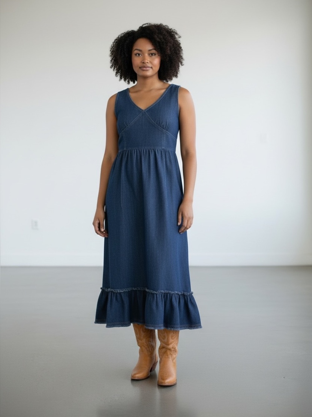 Karen Kane Size 12 Dark Denim Midi Dress Mermaid Hem Boho Cottagecore USA